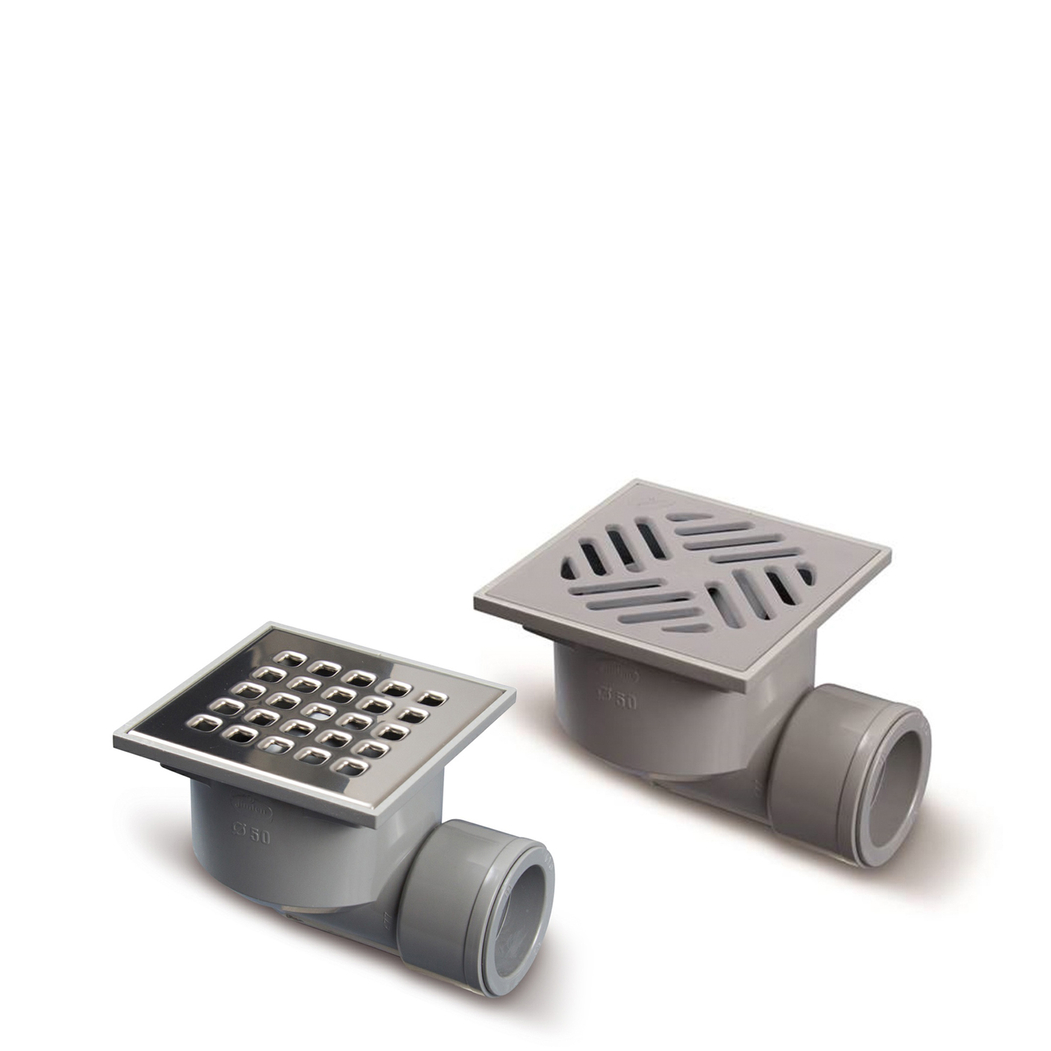 Sumidouro Sifónico Saída Horizontal Grelha PVC 105x105 Ø50/40 - JIMTEN - 8426621240380